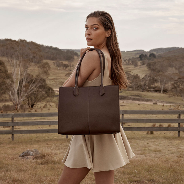 Status Anxiety Without Warning Leather Tote Bag Cocoa