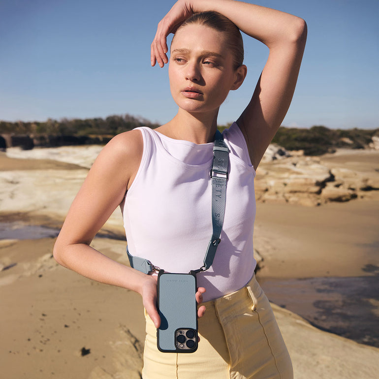 Status Anxiety Enough To Leave Leather iPhone Case Powder Blue